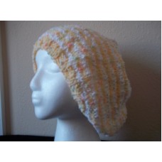 Hand knitted elegant striped beanie/hat  beret type  yellow/white  eb-25831309